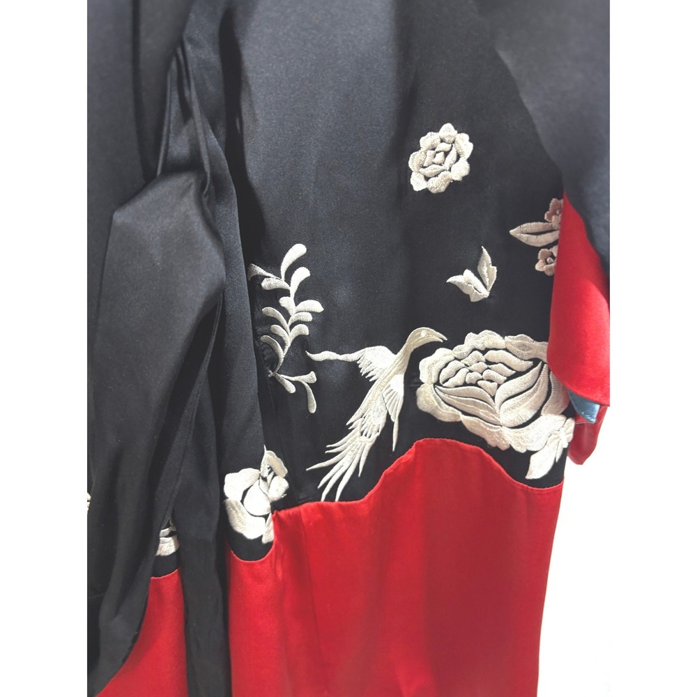 Natori Robe Black Red Blue Embroidered Phoenix Floral Satin Kimono V80940 Small - Picture 8 of 10